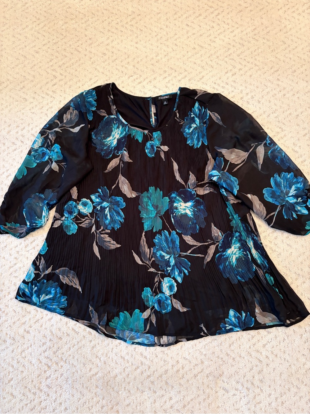 Roz Ali Floral Blouse Size 3X Black Blue Sheer Overlay Feminine Classy